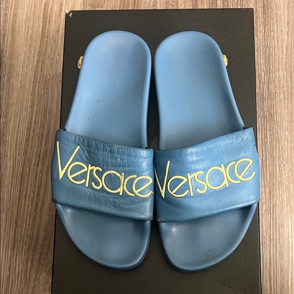 Versace Blue Slides with Yellow Logo - Picture 1 of 6